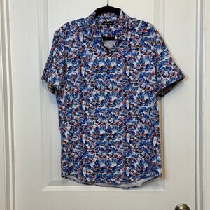 Blue and Red Casual Button Down Shirt with Floral Design